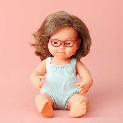 miniland Dolls 15" Baby Doll Caucasian Girl Down Syndrome with Glasses