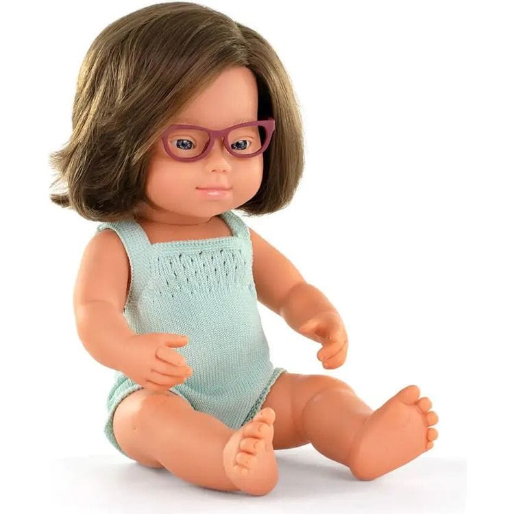 miniland Dolls 15" Baby Doll Caucasian Girl Down Syndrome with Glasses