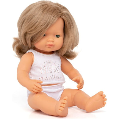 miniland Dolls 15" Baby Doll Caucasian Girl with Dirty Blond Hair