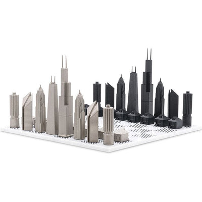 Skyline Chess Games Chicago Edition Stainless Steel Chess Set with Marble Hatch Board