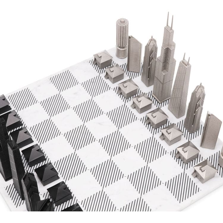 Skyline Chess Games Chicago Edition Stainless Steel Chess Set with Marble Hatch Board