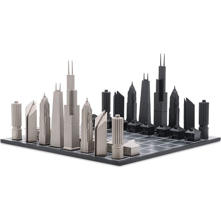 Skyline Chess Games Chicago Edition Stainless Steel Chess Set with Wood Map Board