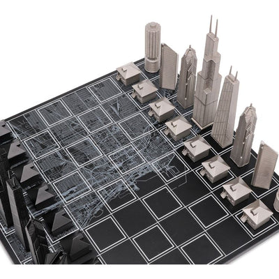 Skyline Chess Games Chicago Edition Stainless Steel Chess Set with Wood Map Board