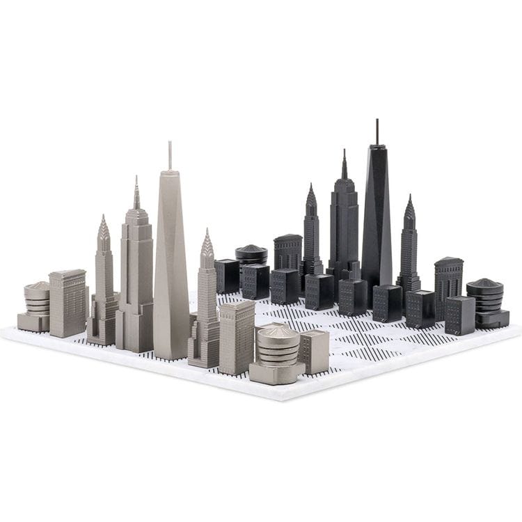 Skyline Chess Games New York Edition Stainless Steel Chess Set with Marble Hatch Board