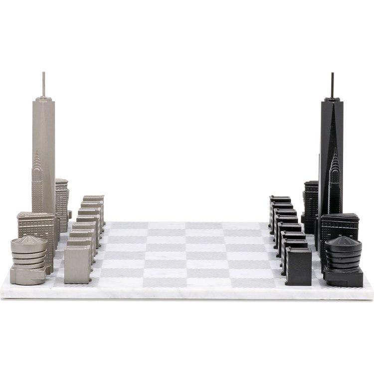 Skyline Chess Games New York Edition Stainless Steel Chess Set with Marble Hatch Board