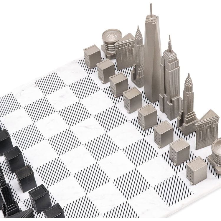 Skyline Chess Games New York Edition Stainless Steel Chess Set with Marble Hatch Board