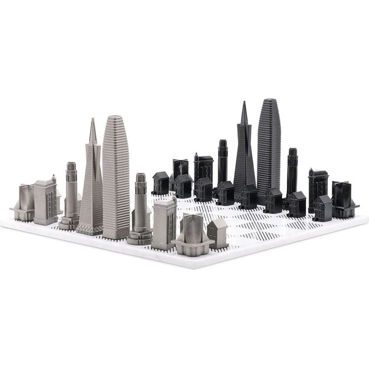 Skyline Chess Games San Francisco Edition Stainless Steel Chess Set with Marble Hatch Board