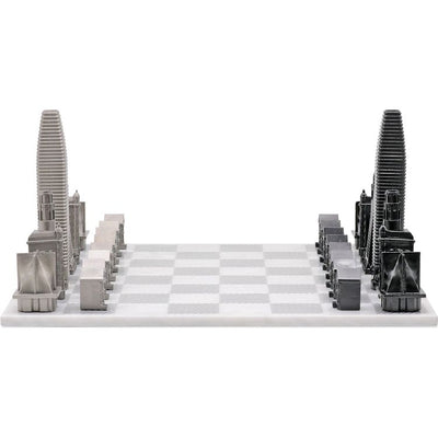 Skyline Chess Games San Francisco Edition Stainless Steel Chess Set with Marble Hatch Board