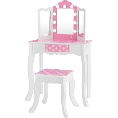 Teamson Kids Room Decor Fantasy Fields Gisele Polka Dot Kids Vanity Table & Stool with LED