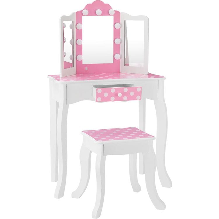 Teamson Kids Room Decor Fantasy Fields Gisele Polka Dot Kids Vanity Table & Stool with LED