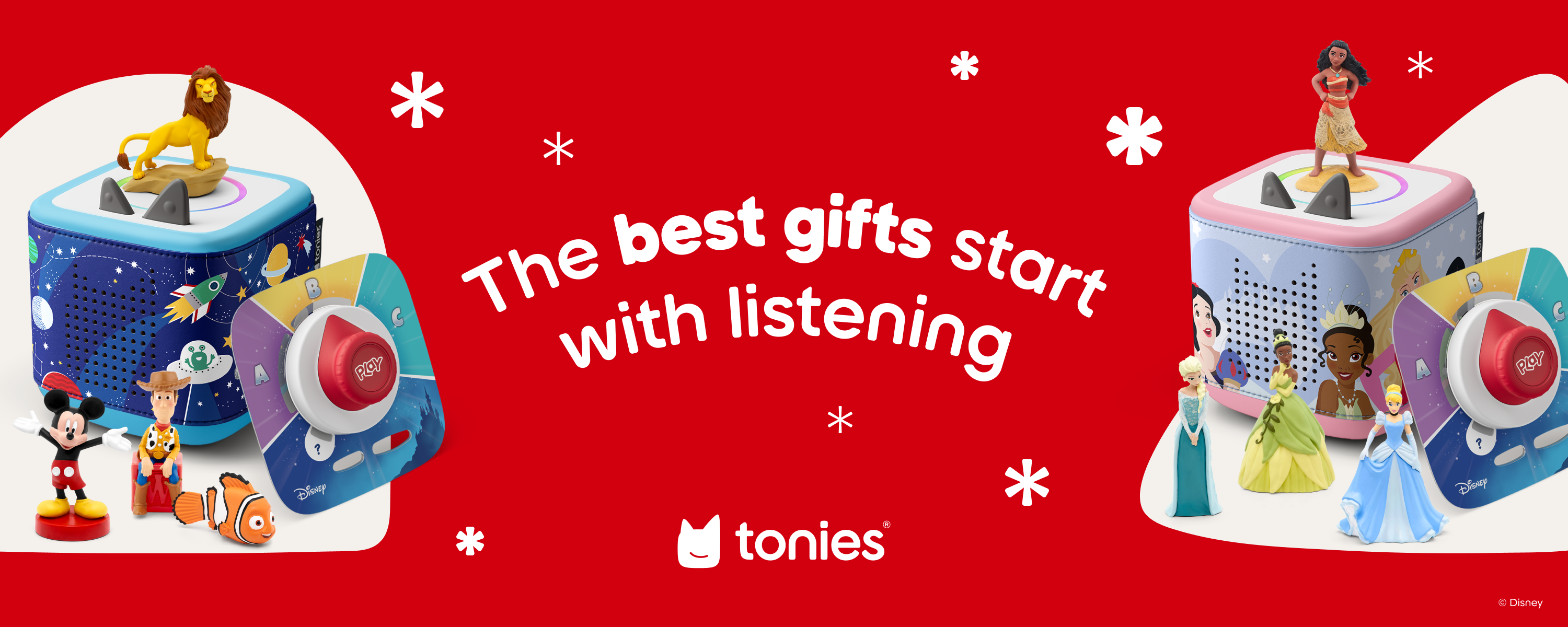 Tonies product with cartoon characters on a red background, featuring the text 'The best gifts start with listening' and the Tonies logo.