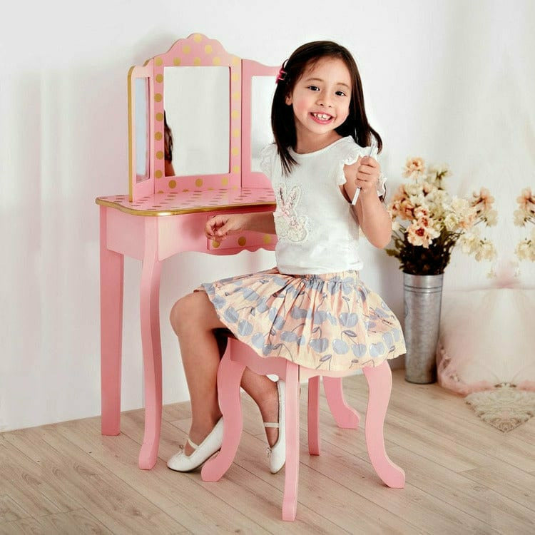  Teamson Kids -  Gisele Polka Dot Vanity with Mirror & Stool - Pink -  Room Decor