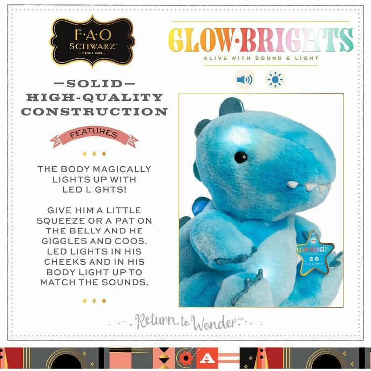Fao Schwarz Glow Brights Toy Plush LED with Sound Blue Dinosaur 12 Stuffed Animal