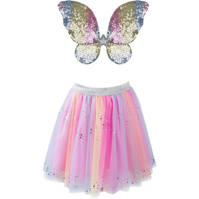 Great Pretenders Dress up Rainbow Sequins Skirt w/ Wings & Wand, Size 4-6