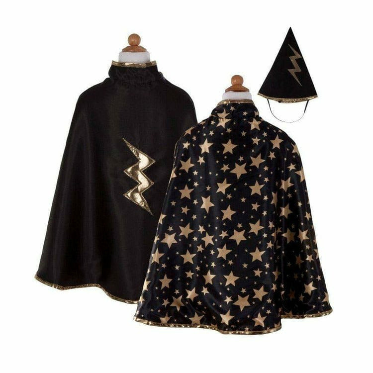 Great Pretenders Dress up Reversible Wizard Cape & Hat, Black/Gold, Size 4-6