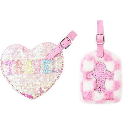OMG Accessories Trend Accessories Travel Checkerboard Fur Plane and Holo Heart Luggage Tag