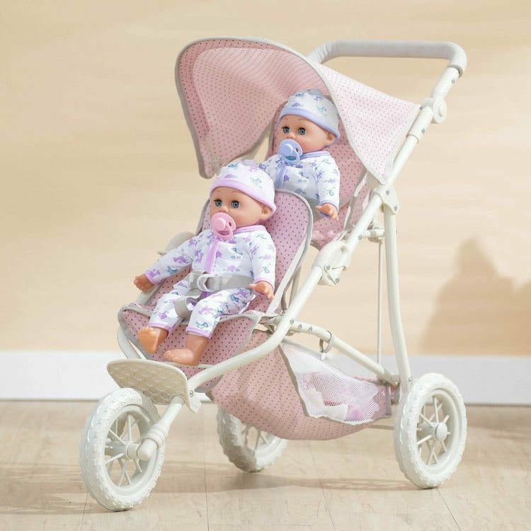 Teamson Kids Dolls Olivia's Little World - Polka Dots Princess Baby Doll Twin Jogging Stroller - Pink & Grey