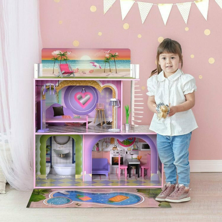 Teamson Kids Preschool Kids Dreamland Sunset 3-Level Dollhouse Set for 12" Dolls