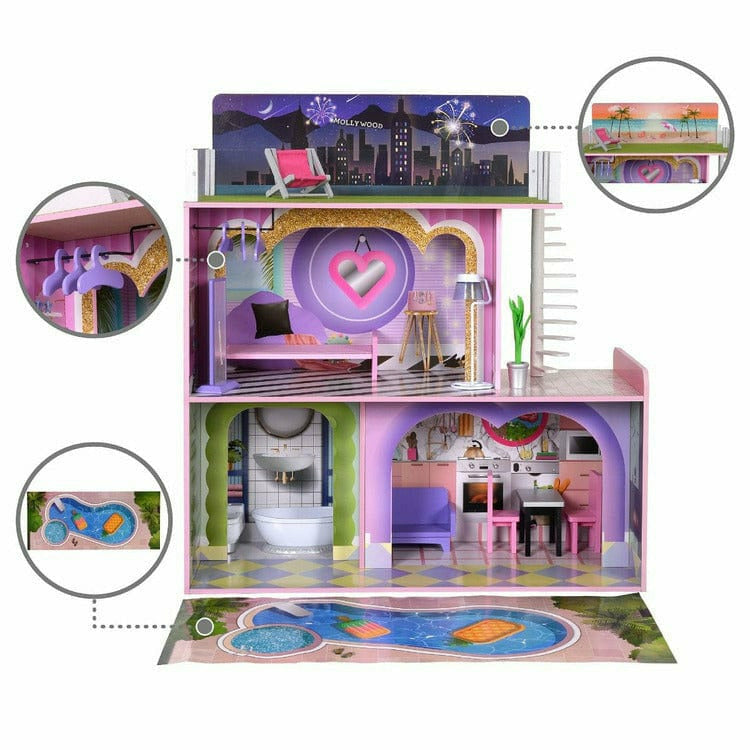 Teamson Kids Preschool Kids Dreamland Sunset 3-Level Dollhouse Set for 12" Dolls