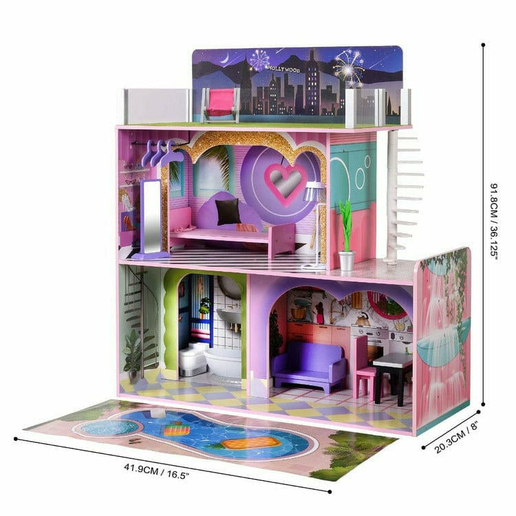 Teamson Kids Preschool Kids Dreamland Sunset 3-Level Dollhouse Set for 12" Dolls