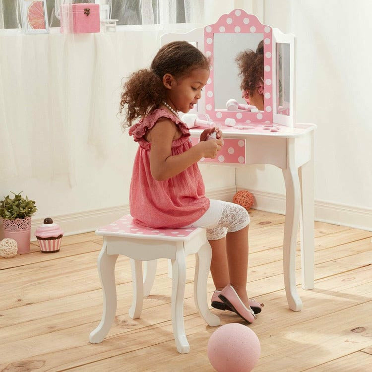 Teamson Kids Room Decor Fashion Polka Dot Prints Gisele Play Vanity Set - Pink / White
