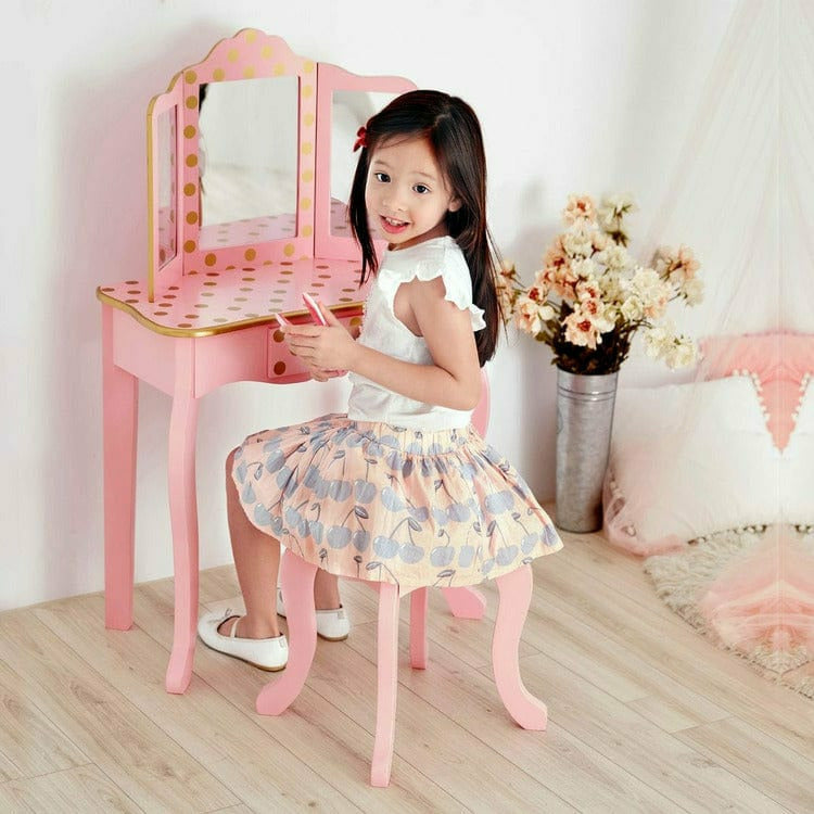 Teamson Kids Room Decor Gisele Polka Dot Vanity with Mirror & Stool - Pink
