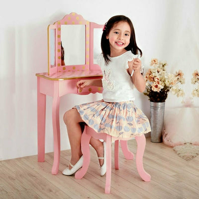 Teamson Kids Room Decor Gisele Polka Dot Vanity with Mirror & Stool - Pink