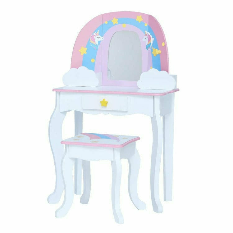 Teamson Kids Room Decor Little Dreamer Rainbow Unicorn Vanity Table and Stool- White